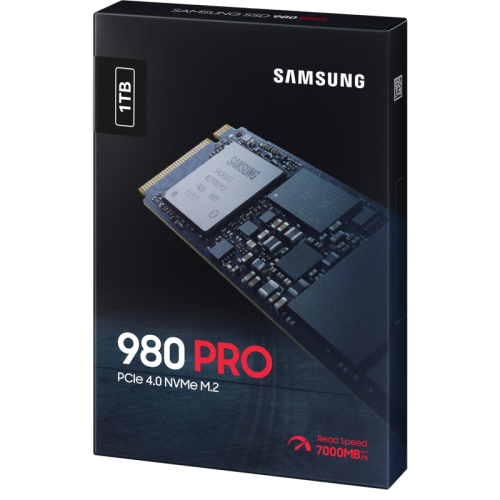 Твердотельные накопители Samsung SSD 980 PRO, 1000GB, M.2(22x80mm), NVMe 1.3c, PCIe 4.0 x4, 3-bit MLC, R/W 7000/5000MB/s, IOPs 1 000 000/1 000 000, DRAM buffer 1024MB, TBW 600, DWPD 0.33, with Heatsink (12 мес.)