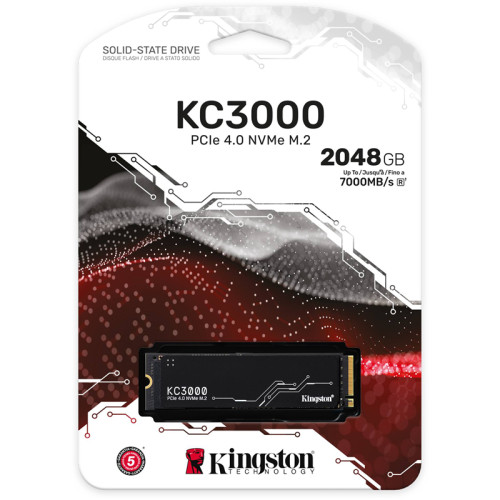 Твердотельный накопитель/ Kingston SSD KC3000, 2048GB, M.2(22x80mm), NVMe, PCIe 4.0 x4, 3D TLC, R/W 7000/7000MB/s, IOPs 1 000 000/1 000 000, DRAM buffer 2048MB, TBW 1600, DWPD 0.71, with Heat Spreader (5 лет)