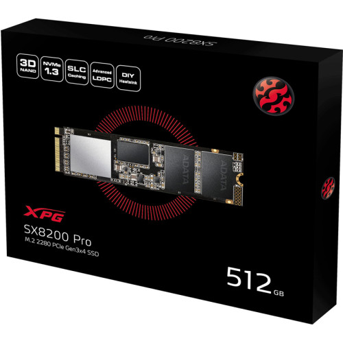 Твердотельный накопитель ADATA SSD SX8200Pro, 512GB, M.2(22x80mm), NVMe 1.3, PCIe 3.0 x4, 3D TLC, R/W 3500/2300MB/s, IOPs 390 000/380 000, DRAM buffer 512MB, TBW 320, DWPD 0.34 (5 лет)