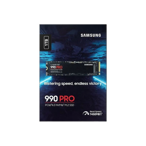 Твердотельные накопители Samsung SSD 990 PRO, 1000GB, M.2(22x80mm), NVMe 2.0, PCIe 4.0 x4, V-NAND TLC, R/W 7450/6900MB/s, IOPs 1 200 000/1 550 000, DRAM buffer 1024MB, TBW 600, DWPD 0.33 (12 мес.)