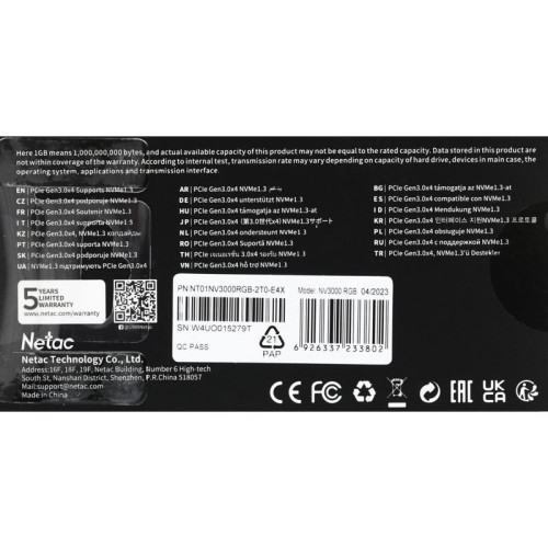 Твердотельный накопитель Netac PCIe 3.0 x4 2TB NT01NV3000RGB-2T0-E4X NV3000 RGB M.2 2280 [NT01NV3000RGB-2T0-E4X]