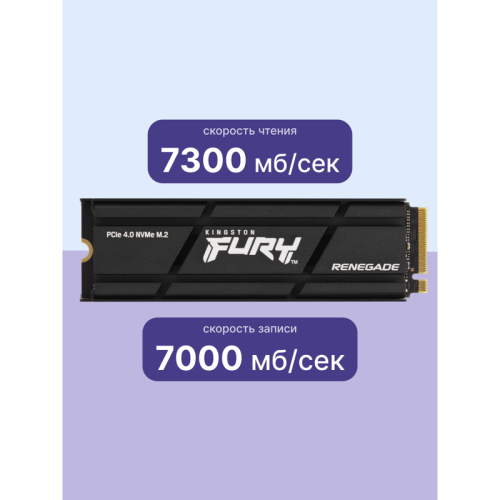 Твердотельный накопитель/ Kingston SSD Fury Renegade, 2000GB, M.2(22x80mm), NVMe, PCIe 4.0 x4, 3D TLC, R/W 7300/7000MB/s, IOPs 1 000 000/1 000 000, DRAM buffer 2048MB, TBW 2000, DWPD 0.55, with Heat Spreader (5 лет) Твердотельный накопитель/ Kingston SSD Fury Renegade, 2000GB, M.2(22x80mm), NVMe, PCIe 4.0 x4, 3D TLC, R/W 7300/7000MB/s, IOPs 1 000 000/1 000 000, DRAM buffer 2048MB, TBW 2000, DWPD 0.55, with Heat Spreader (5 лет)