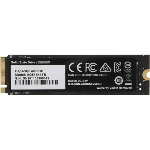 Твердотельный накопитель SSD Gigabyte 4TB M.2 2280 AORUS Gen5 14000 AG514K4TB PCI-Express 5.0x4, NVMe 2.0, 3D TLC NAND, Phison PS5026-E26