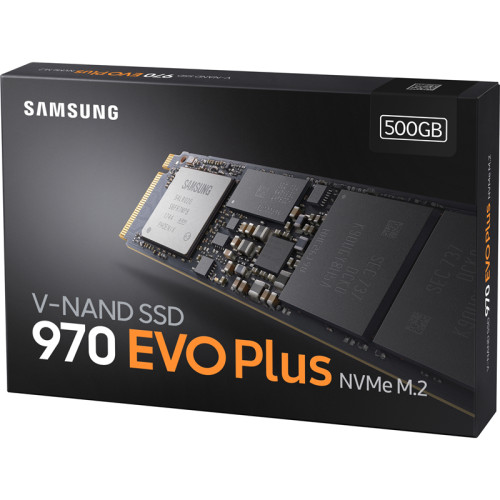 Твердотельный накопитель/ Samsung SSD 970 EVO Plus, 500GB, M.2(22x80mm), NVMe 1.3, PCIe 3.0 x4, 3-bit MLC, R/W 3500/3200MB/s, IOPs 480 000/550 000, DRAM buffer 512MB, TBW 300, DWPD 0.33 (12 мес.)