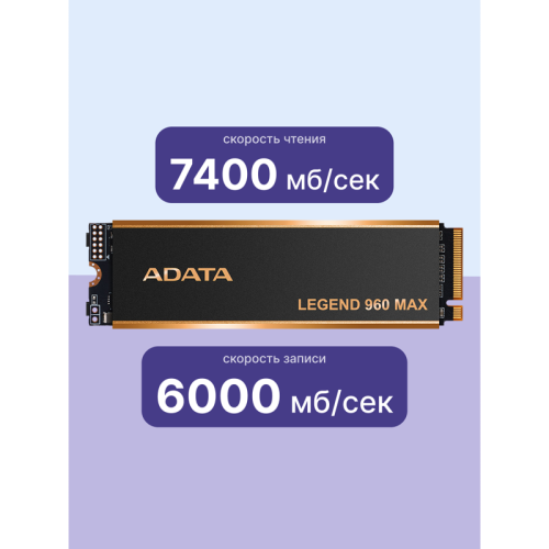 Твердотельный накопитель ADATA SSD LEGEND 960 MAX, 1000GB, M.2(22x80mm), NVMe 1.4, PCIe 4.0 x4, 3D NAND, R/W 7400/6000MB/s, IOPs 730 000/610 000, DRAM buffer 1000MB, TBW 780, DWPD 0.43, with BIG Heat Spreader (5 лет)