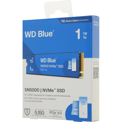 Твердотельные накопители/ WD SSD Blue SN5000, 1000GB, M.2(22x80mm), NVMe, PCIe 4.0 x4, TLC, R/W 5150/4900MB/s, TBW 600, DWPD 0.3 (12 мес.)