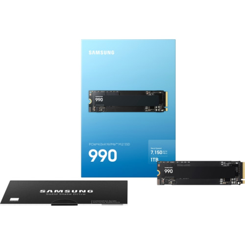 Твердотельные накопители/ Samsung SSD 990, 1000GB, M.2(22x80mm), NVMe 2.0, PCIe 4.0 x4, V-NAND TLC, R/W 7150/6450MB/s, IOPs 700 000/1 100 000, TBW 400, DWPD 0.33 (12 мес.)