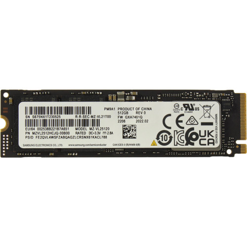 Твердотельный накопитель/ Samsung SSD PM9A1, 512GB, M.2(22x80mm), NVMe, PCIe 4.0 x4, R/W 6900/5000MB/s, IOPs 800 000/800 000, DRAM buffer 512MB (12 мес.)