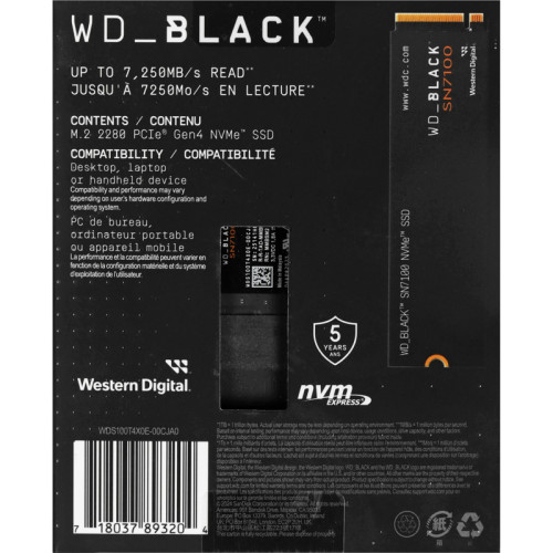 Твердотельные накопители/ WD SSD Black SN7100, 1000GB, M.2(22x80mm), NVMe, PCIe 4.0 x4, 3D TLC, R/W 7250/6900MB/s, IOPs 1 000 000/1 400 000, TBW 600, DWPD 0.3 (12 мес.)