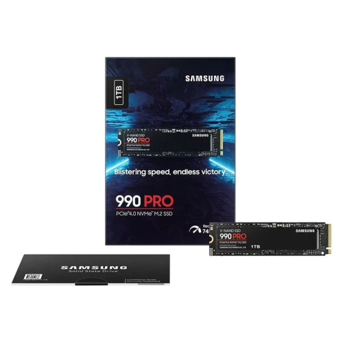 Твердотельный накопитель/ Samsung SSD 990 PRO, 1000GB, M.2(22x80mm), NVMe 2.0, PCIe 4.0 x4, V-NAND TLC, R/W 7450/6900MB/s, IOPs 1 200 000/1 550 000, DRAM buffer 1024MB, TBW 600, DWPD 0.33, with Heatsink (12 мес.)