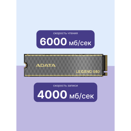 Твердотельный накопитель ADATA SSD LEGEND 860, 1000GB, M.2(22x80mm), NVMe 1.4, PCIe Gen 4x4, 3D NAND, R/W 6000/4000MB/s, IOPs н.д./н.д., TBW 320, DWPD 0.2
