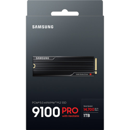 Твердотельный накопитель/ Samsung SSD 9100 PRO, 1000GB, M.2(22x80mm), NVMe 2.0, PCIe 5.0 x4, V-NAND TLC, R/W 14700/13300MB/s, IOPs 1 850 000/2 600 000, TBW 600, DWPD 0.3, with Heatsink (12 мес.)