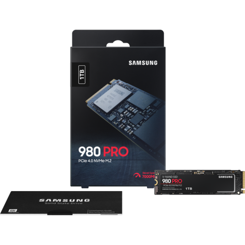 Твердотельные накопители Samsung SSD 980 PRO, 1000GB, M.2(22x80mm), NVMe 1.3c, PCIe 4.0 x4, 3-bit MLC, R/W 7000/5000MB/s, IOPs 1 000 000/1 000 000, DRAM buffer 1024MB, TBW 600, DWPD 0.33, with Heatsink (12 мес.)