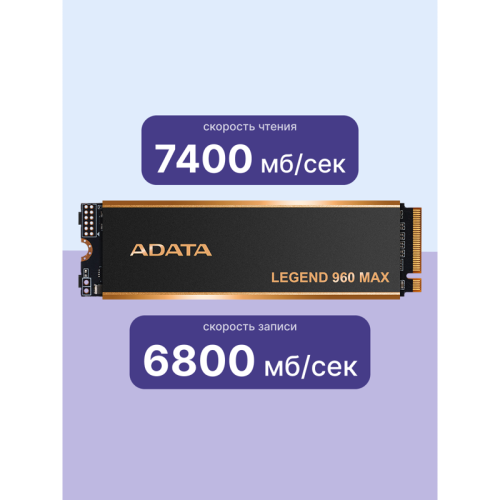 Твердотельный накопитель ADATA SSD LEGEND 960 MAX, 4000GB, M.2(22x80mm), NVMe 1.4, PCIe 4.0 x4, 3D NAND, R/W 7400/6800MB/s, IOPs 700 000/550 000, DRAM buffer 4000MB, TBW 3120, DWPD 0.43, with BIG Heat Spreader (5 лет)