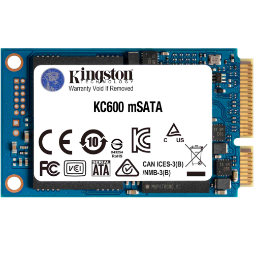 Твердотельный накопитель/ Kingston SSD KC600, 1024GB, mSATA, SATA3, 3D TLC, R/W 550/520MB/s, IOPs 90 000/80 000, DRAM buffer 1024MB, TBW 600, DWPD 0.32 (5 лет)
