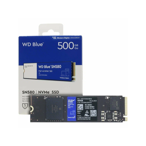 Твердотельный накопитель/ WD SSD Blue SN580 NVMe, 500GB, M.2(22x80mm), NVMe, PCIe 4.0 x4, 3D TLC, R/W 4000/3600MB/s, IOPs 450 000, TBW 300, DWPD 0.32 (12 мес.)