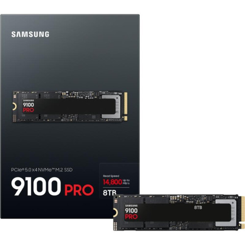 Твердотельный накопитель/ Samsung SSD 9100 PRO, 8000GB, M.2(22x80mm), NVMe 2.0, PCIe 5.0 x4, V-NAND TLC, R/W 14800/13400MB/s, IOPs 2 200 000/2 600 000, TBW 4800, DWPD 0.3 (12 мес.)