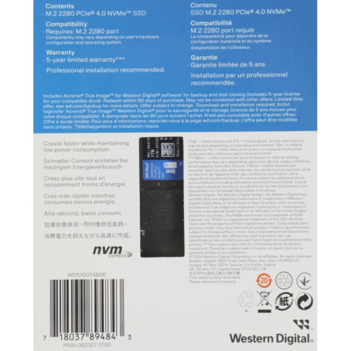 Твердотельные накопители/ WD SSD Blue SN5000, 1000GB, M.2(22x80mm), NVMe, PCIe 4.0 x4, TLC, R/W 5150/4900MB/s, TBW 600, DWPD 0.3 (12 мес.)