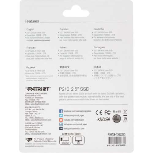 Твердотельный накопитель Patriot SATA-III 512GB P210S512G25 P210 2.5 Твердотельный накопитель Patriot SATA-III 512GB P210S512G25 P210 2.5