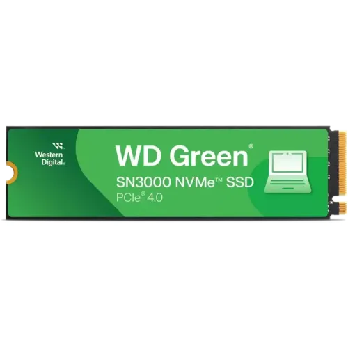 Твердотельные накопители/ WD SSD Green SN3000, 500GB, M.2(22x80mm), NVMe, PCIe 4.0 x4, QLC, R/W 5000/4100MB/s, TBW 100, DWPD 0.2 (12 мес.)