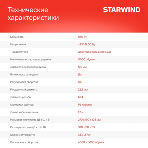 Углошлифовальная машина Starwind AG125E-850 850Вт 11000об/мин рез.шпин.:M14 d=125мм