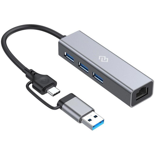 Разветвитель USB-C + USB-A Digma DHUB-LAN-4port 4порт. серебристый