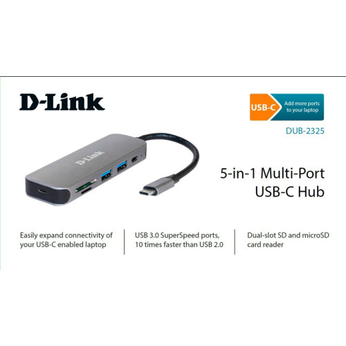 Концентратор/ DUB-2325 USB-C Hub, 2xUSB3.0 + USB-C, SD/microSD Card Reader