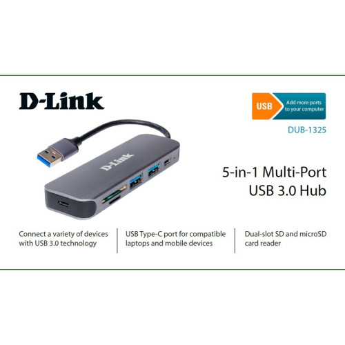 Концентратор/ DUB-1325 USB3.0 Hub, 2xUSB3.0 + USB-C, SD/microSD Card Reader