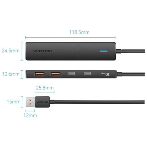 Концентратор Vention USB 3.2 Gen 2 AM/ 2хUSB-C/ 2хUSB-A Черный - 0.15м.