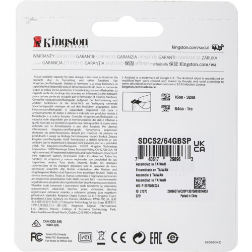 Флеш карта microSDXC 64GB Kingston SDCS2/64GBSP Canvas Select Plus w/o adapter