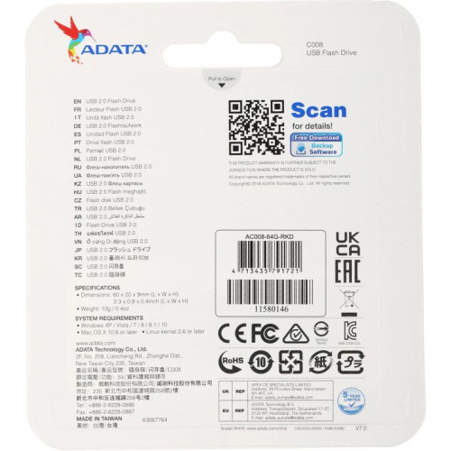 Флеш Диск A-Data 64GB Classic C008 AC008-64G-RKD USB2.0 красный/черный