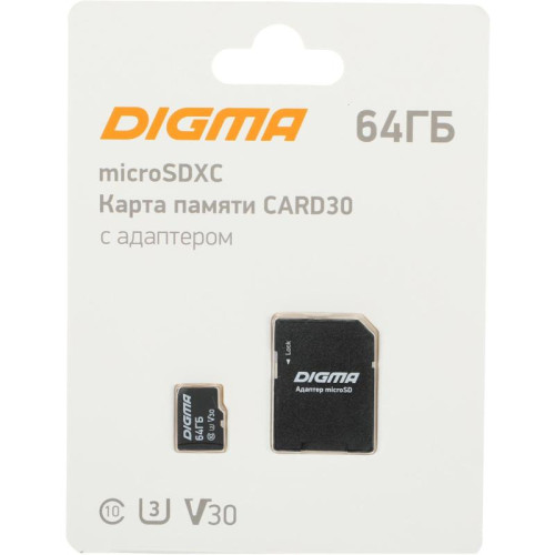 Флеш карта microSDXC 64GB Digma CARD30 V30 + adapter