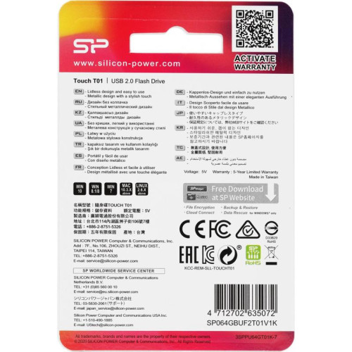 Флеш Диск Silicon Power 64Gb Touch T01 SP064GBUF2T01V1K USB2.0 черный/серебристый