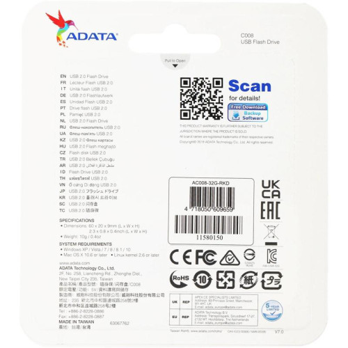 Флеш Диск A-Data 32Gb Classic C008 AC008-32G-RKD USB2.0 красный/черный