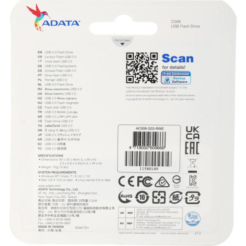 Флеш Диск A-Data 32Gb Classic C008 AC008-32G-RWE USB2.0 белый/синий