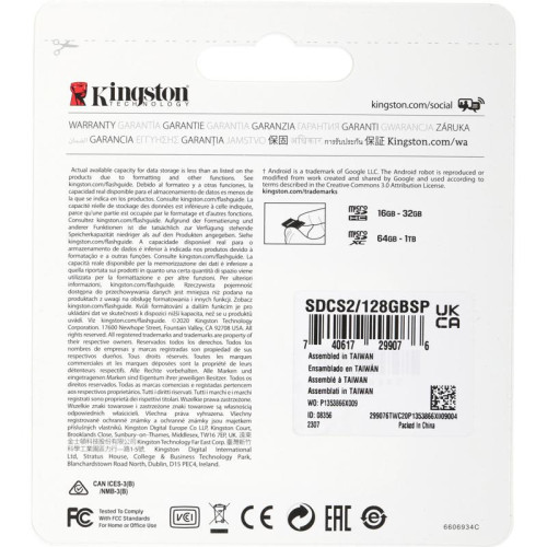 Флеш карта microSDXC 128GB Kingston SDCS2/128GBSP Canvas Select Plus w/o adapter