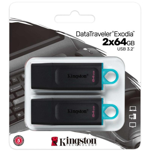 Флэш USB Kingston 64GB USB3.2 Gen 1 DataTraveler Exodia (Black + Teal 2 шт/ Kingston 64GB USB3.2 Gen 1 DataTraveler Exodia (Black + Teal 2 pcs