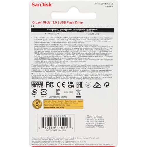 Флеш Диск Sandisk 128Gb Cruzer Glide SDCZ600-128G-G35 USB3.0 черный/красный