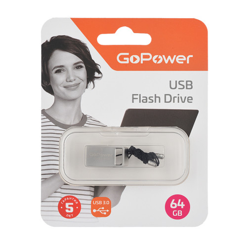 Флеш-накопитель GoPower MINI 64GB USB3.0 металл серебряный (1/50/1000)