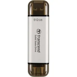 Флеш-накопитель/ Transcend External SSD ESD310S, 512GB, Type C/A, USB 10Gbps (3.2 Gen2), R/W 1050/950MB/s, 71x20x8mm, 11g, Silver (5 лет)