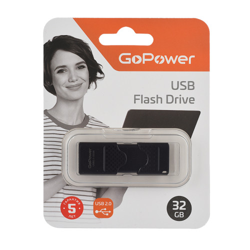 Флеш-накопитель GoPower SLIDER 32GB USB2.0 пластик черный матовый (1/50/1000)