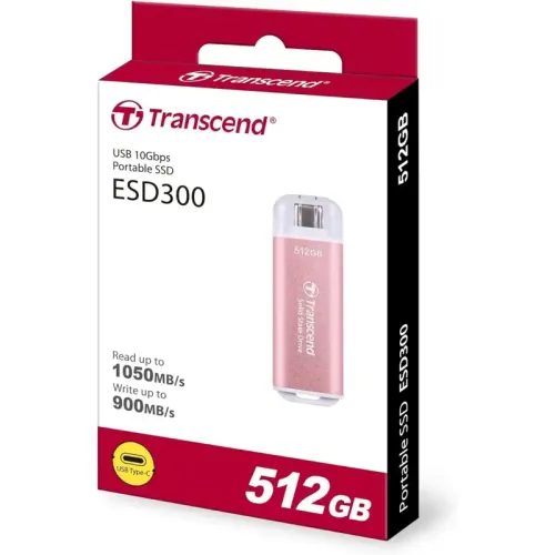 Флеш-накопитель/ Transcend External SSD ESD300C 512GB, Type C, 10Gbps (3.2 Gen2), R/W 1050/950MB/s, 60.1x20x7.8 mm, 9g, Pink