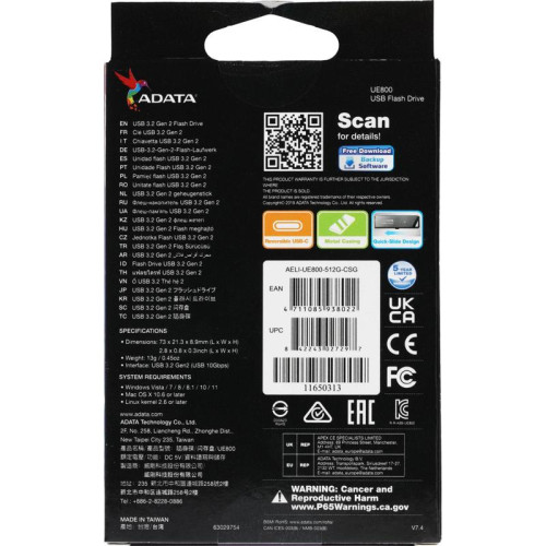 Флеш Диск A-Data 512Gb Type-C UE800 AELI-UE800-512G-CSG USB3.2 серебристый