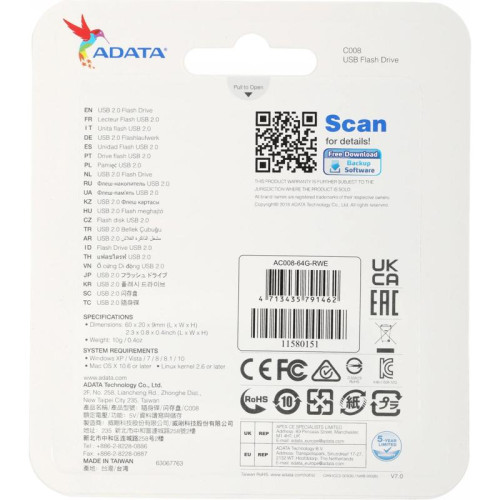 Флеш Диск A-Data 64GB Classic C008 AC008-64G-RWE USB2.0 синий/белый