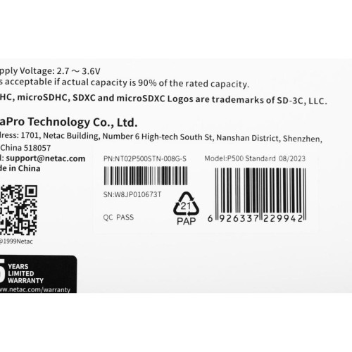 Флеш карта microSDHC 8GB Netac NT02P500STN-008G-S P500