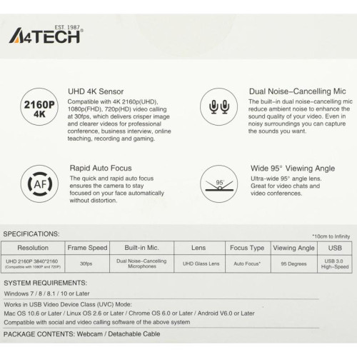 Камера Web A4Tech PK-1000HA черный 8Mpix (3840x2160) USB3.0 с микрофоном