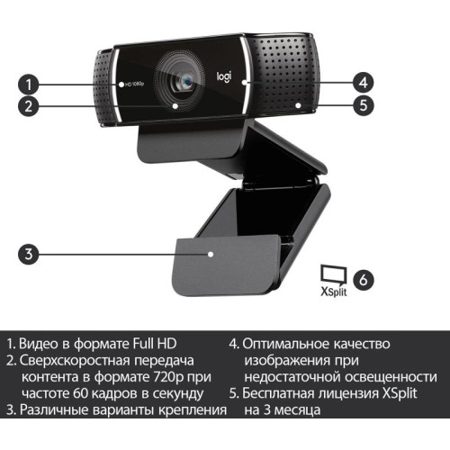Камера Web Logitech Pro Stream C922 черный 3Mpix (1920x1080) USB2.0 с микрофоном (960-001089)