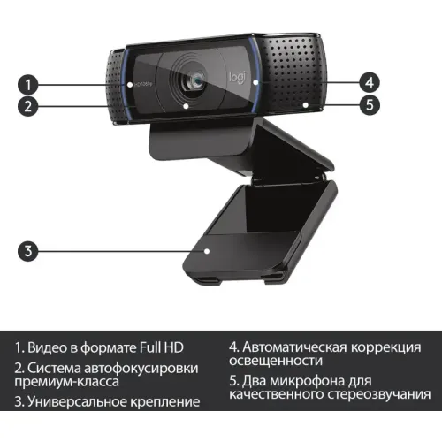 Веб-камера/ Logitech  Full HD 1080p  Pro Webcam C920, USB 2.0, 1920*1080, 15Mpix foto, автофокус, Mic, Black