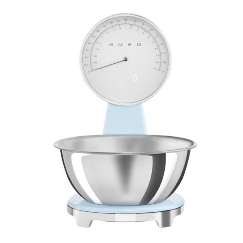 Кухонные весы SMEG, аналоговый/цифровой дисплей, выбор единицы измерения, максимальный вес 5 кг, шаг 1 г, цвет пастельно-голубой