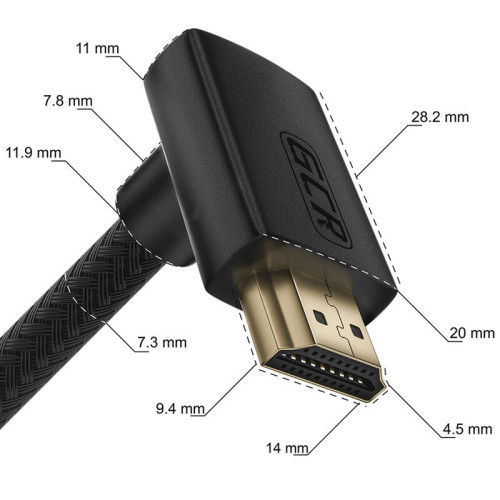 GCR Кабель 1.5m HDMI 2.0, M верхний угол/M верхний угол, черный нейлон, HDR 4:2:2, Ultra HD, 4K 60 fps 60Hz/5K*30Hz, 3D, AUDIO, 18.0 Гбит/с, 28/28 AWG, GCR-53274